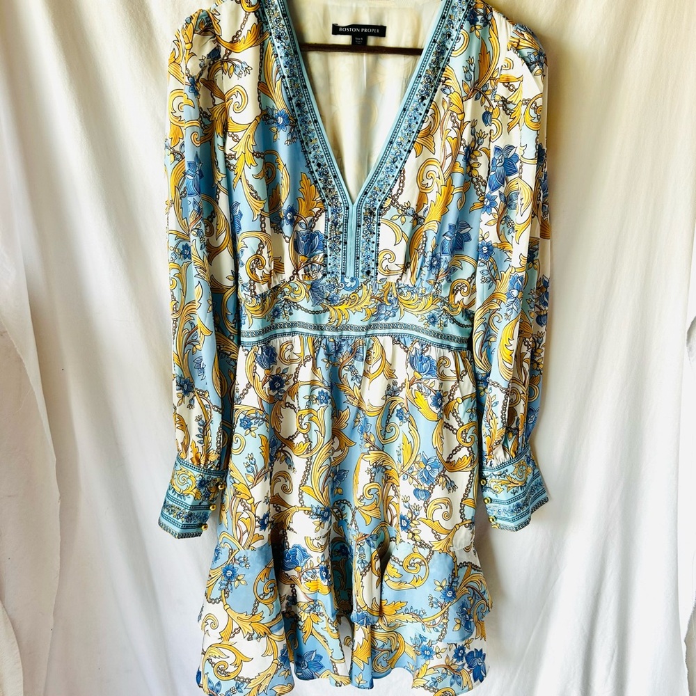 Boston Proper Blue and Yellow boho print dress size small long sleeve V neck